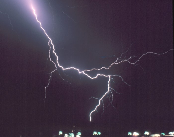 A beautiful display of fork lightning can be see in this photo. The intense electricity goes off in many directions as it gets closer to the ground. 